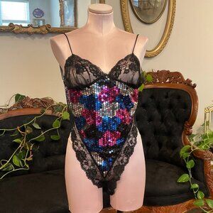vintage lingerie Sequin Lace Teddy Bodysuit High Cut  Size L Black/Blue